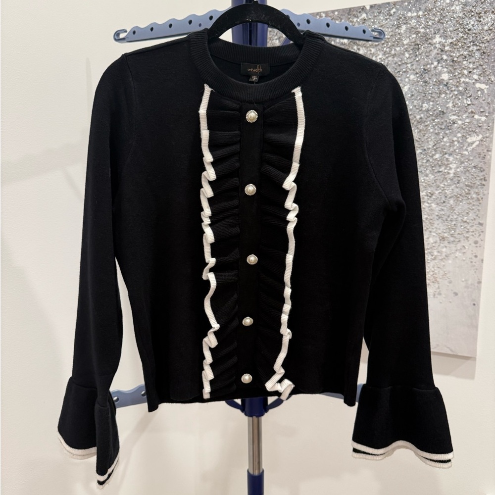 Black Cardigan with White Ruffle Trim